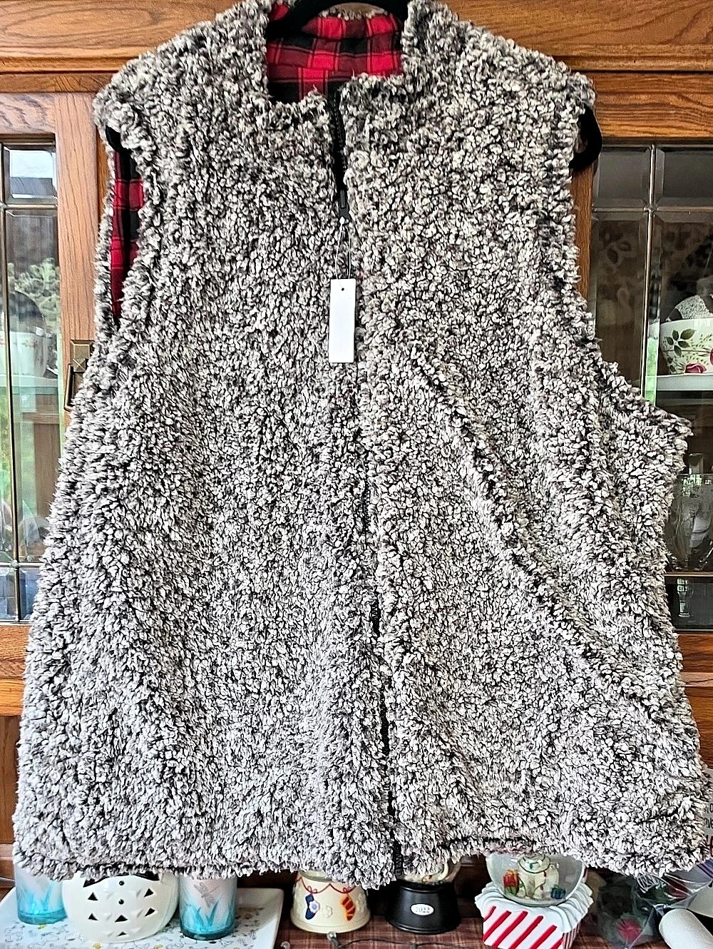 Maurices Reversible Sherpa and Plaid Vest Gray & Red XL